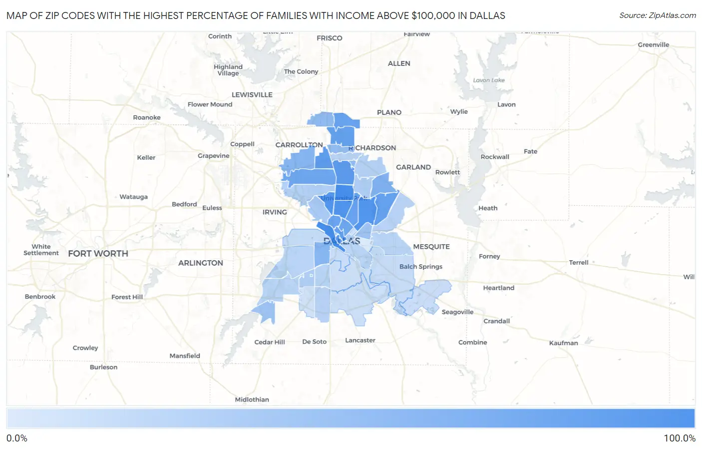 Zip Codes with the Highest Percentage of Families with Income Above $100,000 in Dallas Map
