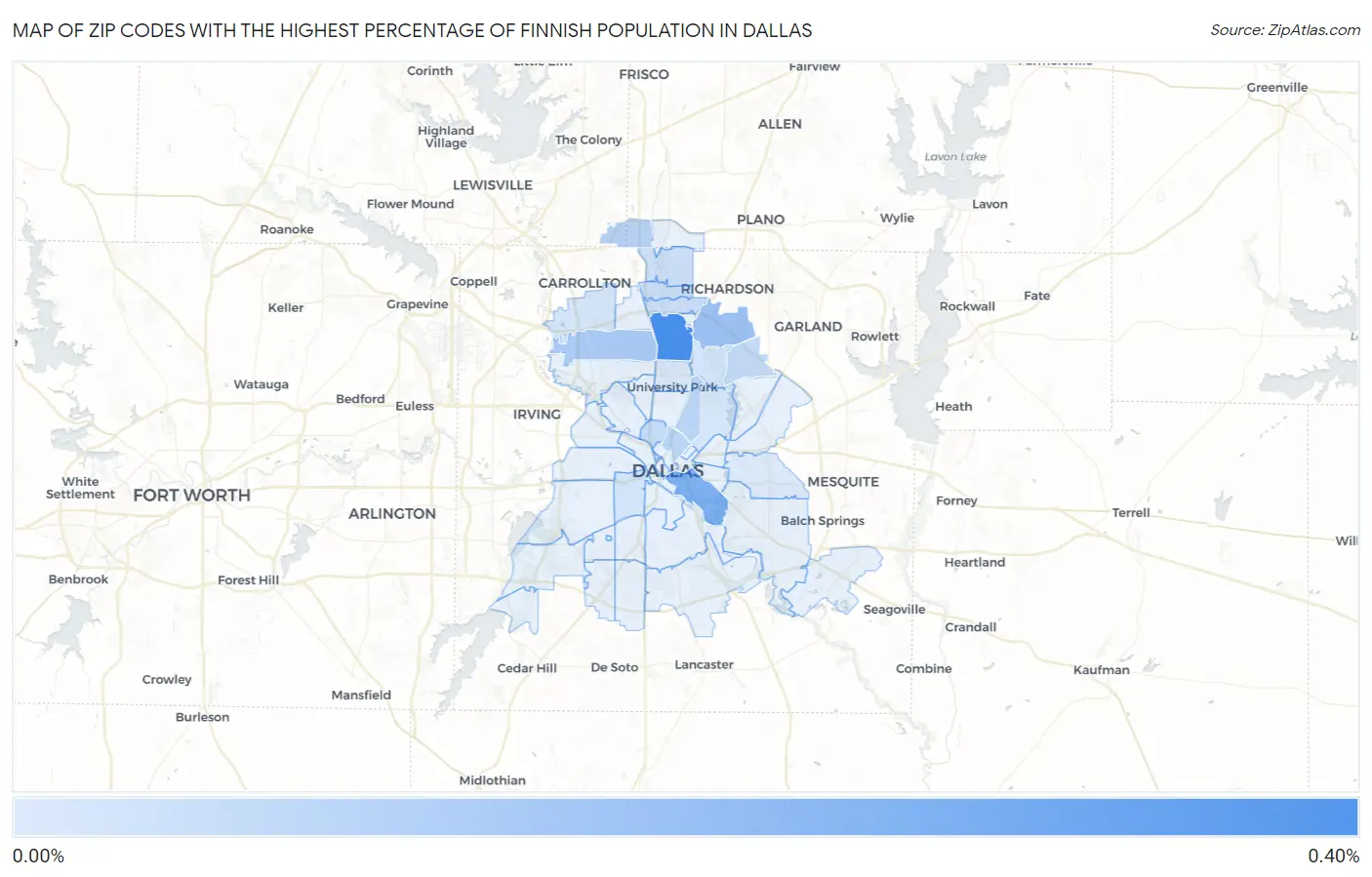 Zip Codes with the Highest Percentage of Finnish Population in Dallas Map