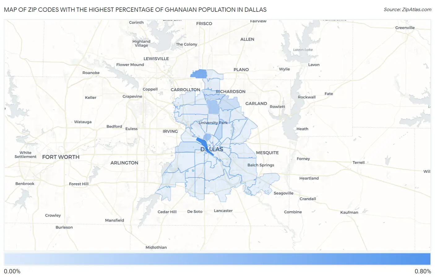 Zip Codes with the Highest Percentage of Ghanaian Population in Dallas Map