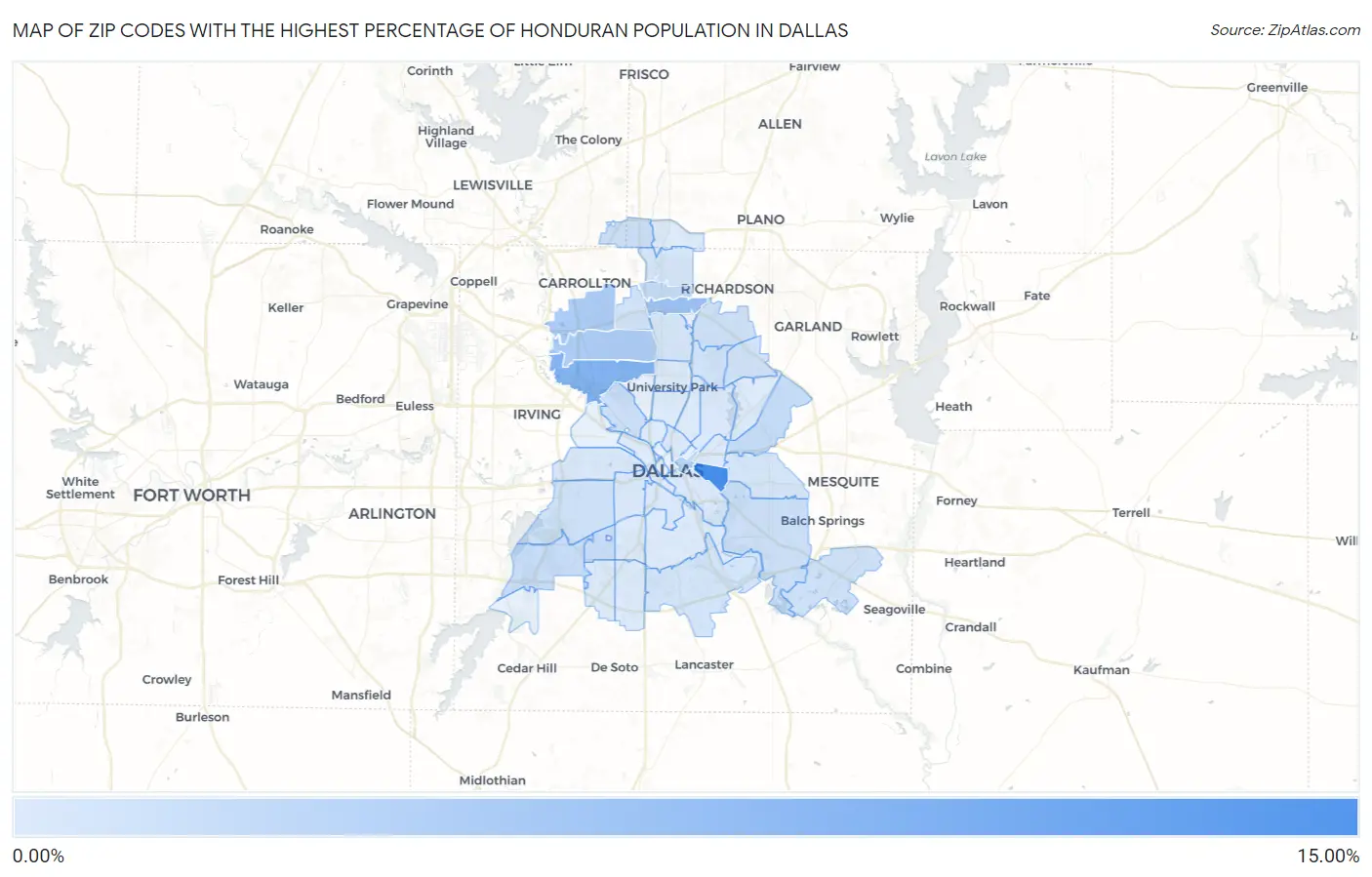 Zip Codes with the Highest Percentage of Honduran Population in Dallas Map