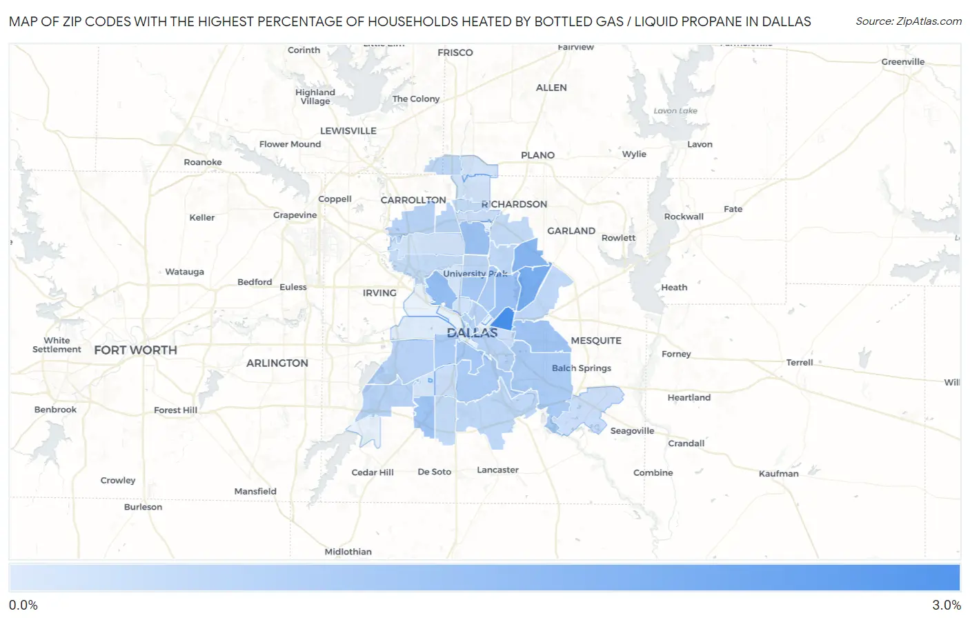 Zip Codes with the Highest Percentage of Households Heated by Bottled Gas / Liquid Propane in Dallas Map