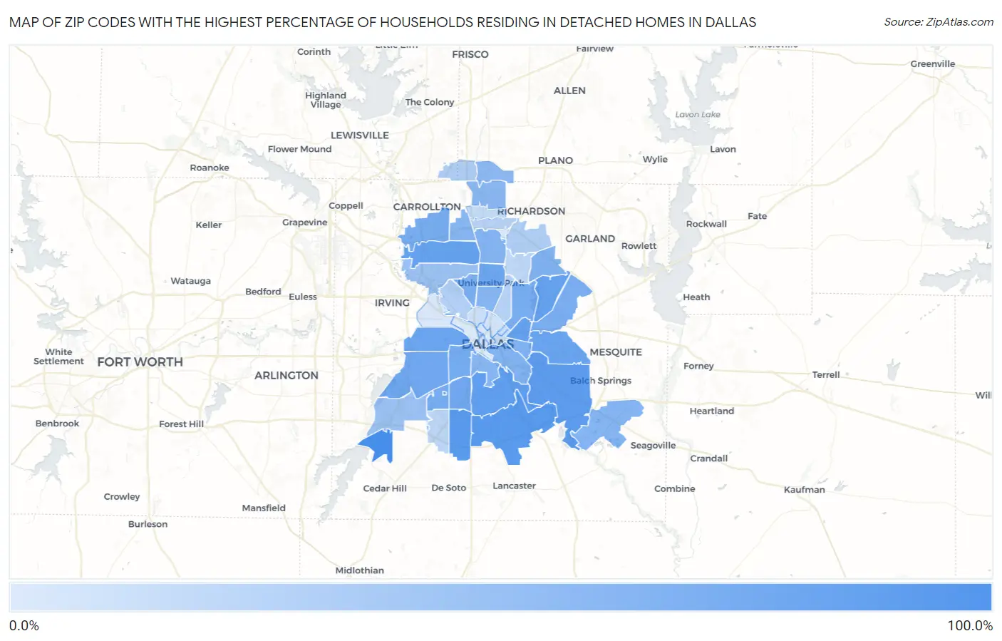 Zip Codes with the Highest Percentage of Households Residing in Detached Homes in Dallas Map