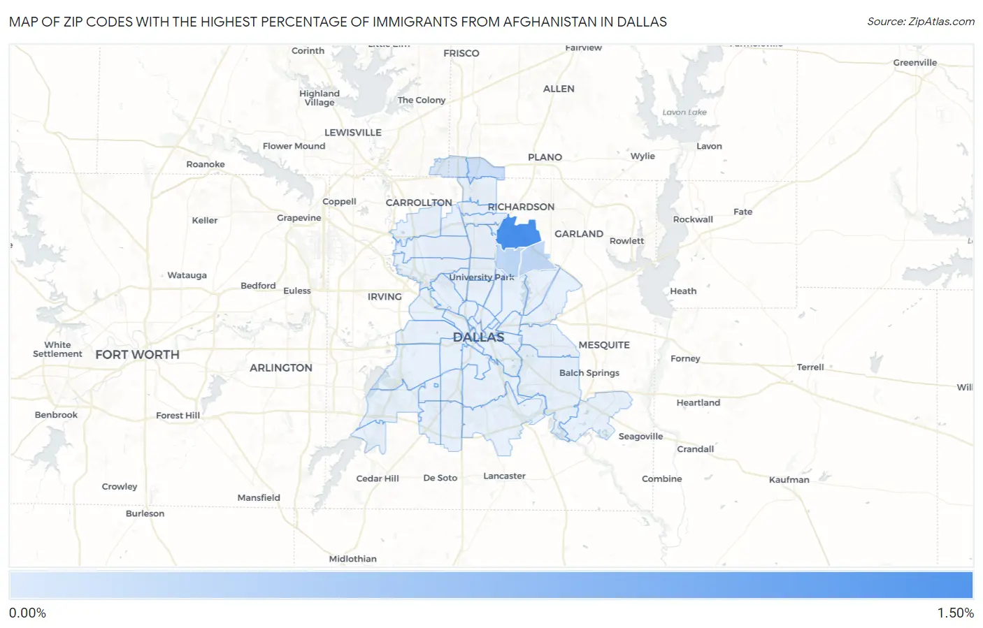 Zip Codes with the Highest Percentage of Immigrants from Afghanistan in Dallas Map