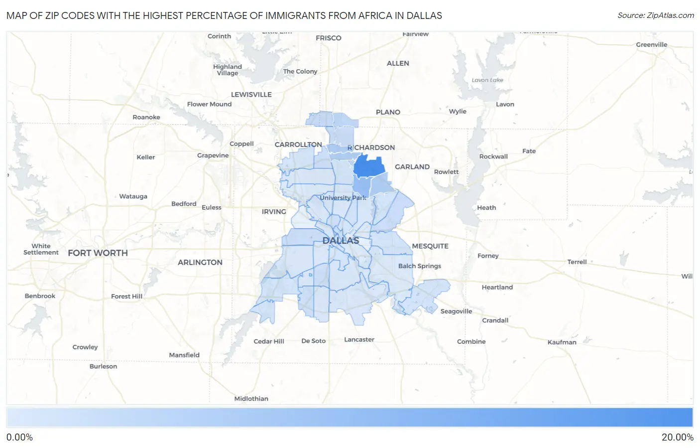 Zip Codes with the Highest Percentage of Immigrants from Africa in Dallas Map