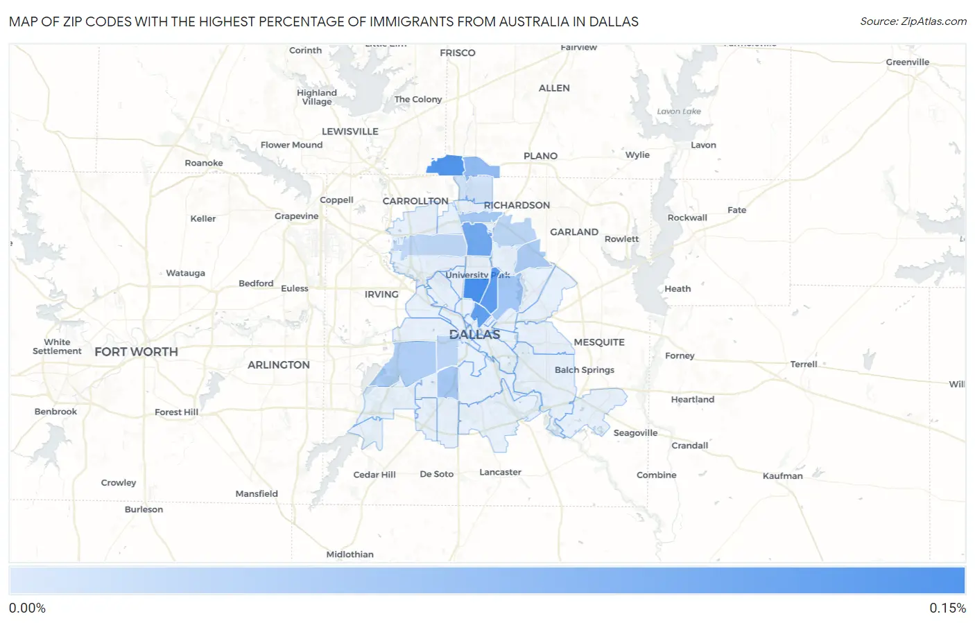Zip Codes with the Highest Percentage of Immigrants from Australia in Dallas Map