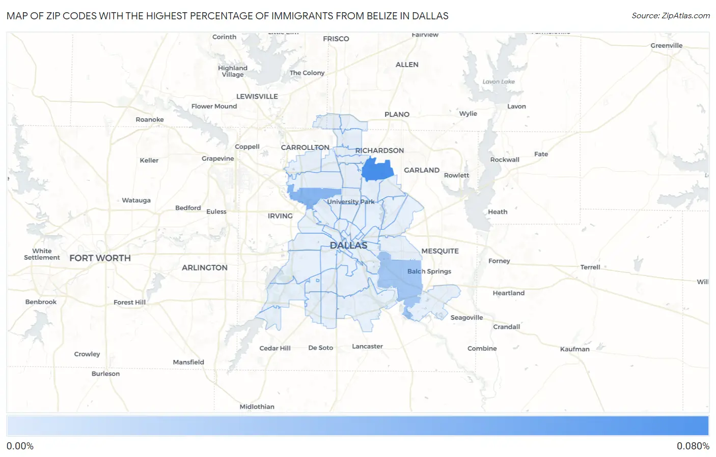 Zip Codes with the Highest Percentage of Immigrants from Belize in Dallas Map