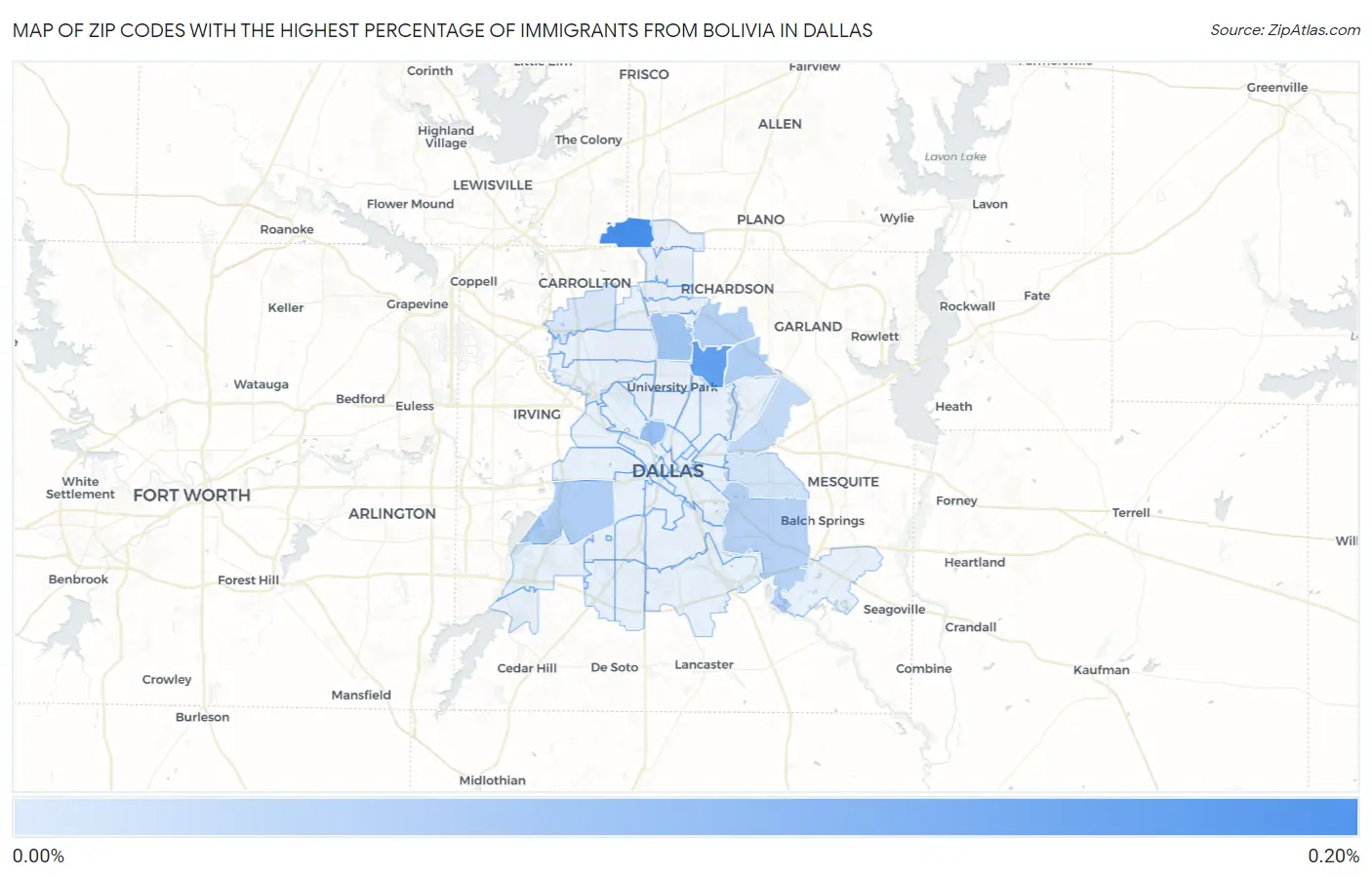 Zip Codes with the Highest Percentage of Immigrants from Bolivia in Dallas Map