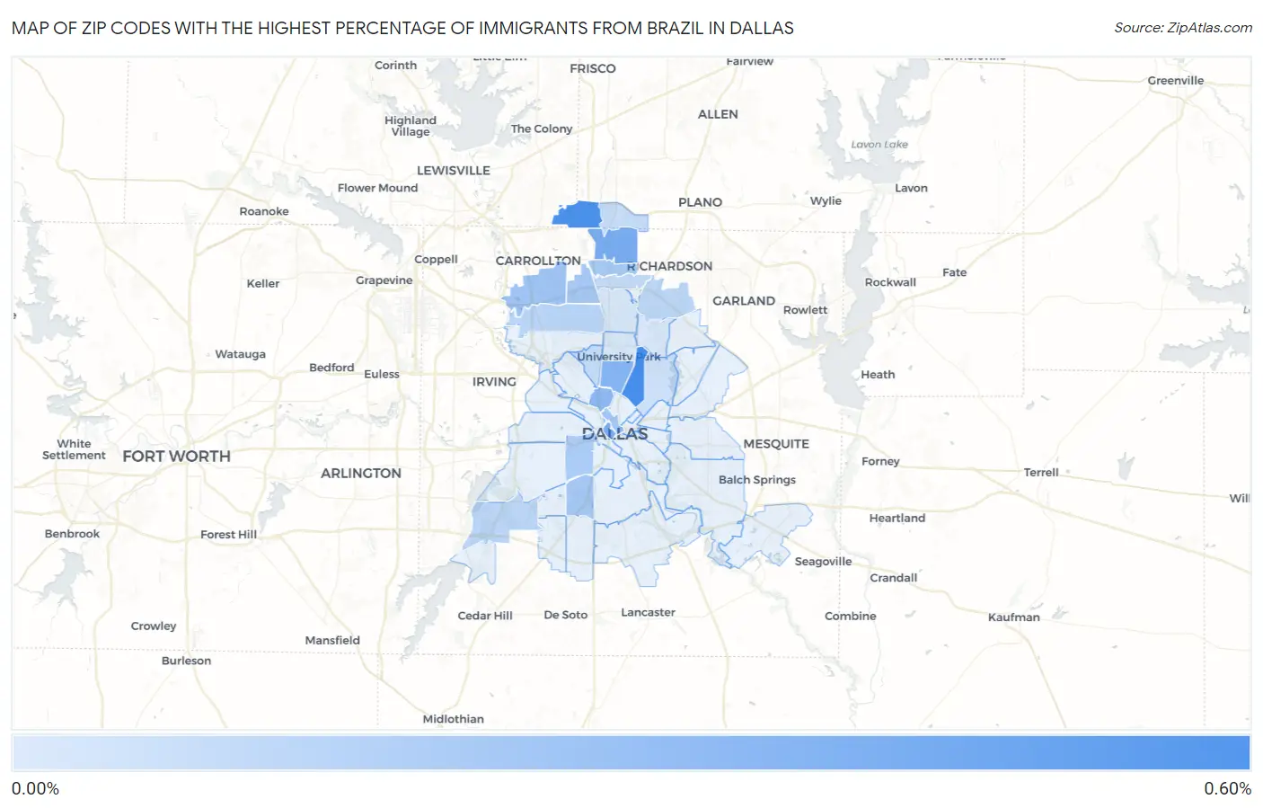 Zip Codes with the Highest Percentage of Immigrants from Brazil in Dallas Map