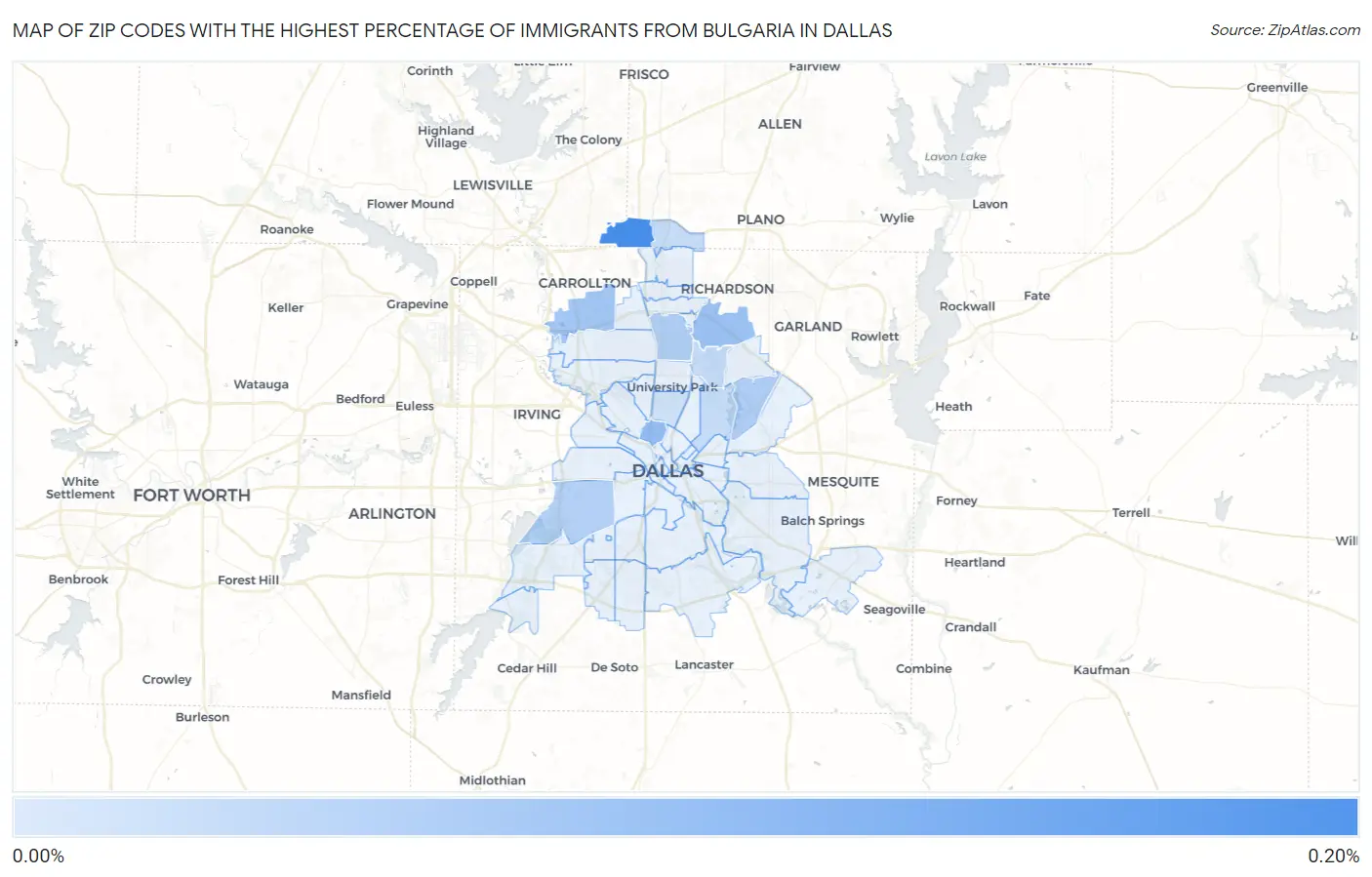 Zip Codes with the Highest Percentage of Immigrants from Bulgaria in Dallas Map