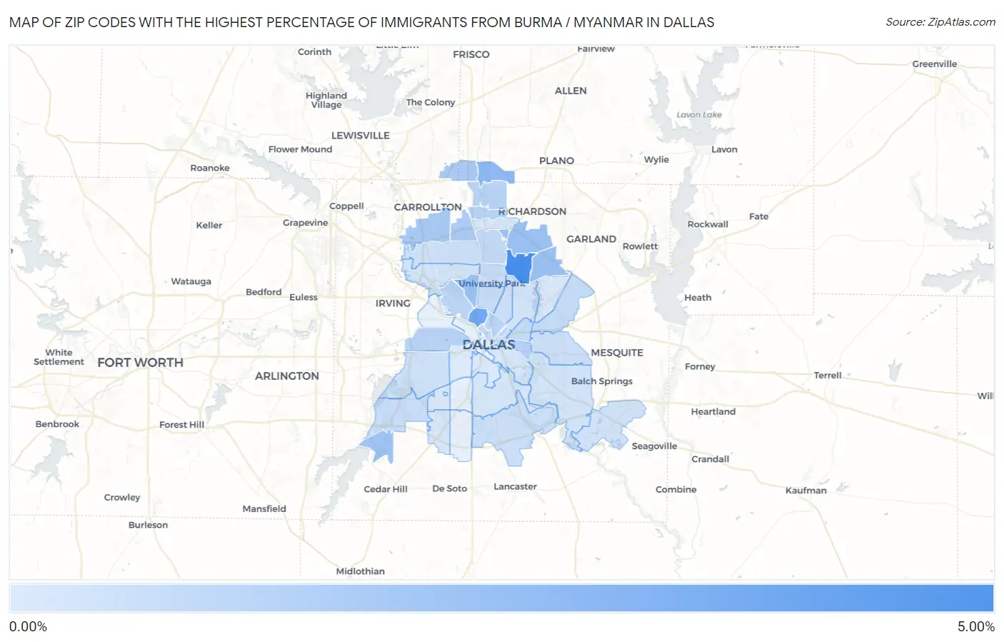Zip Codes with the Highest Percentage of Immigrants from Burma / Myanmar in Dallas Map