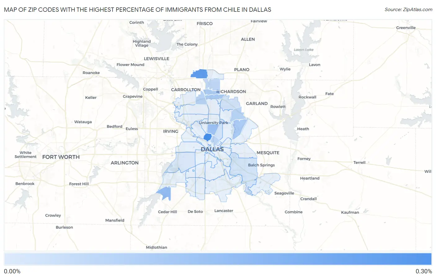 Zip Codes with the Highest Percentage of Immigrants from Chile in Dallas Map