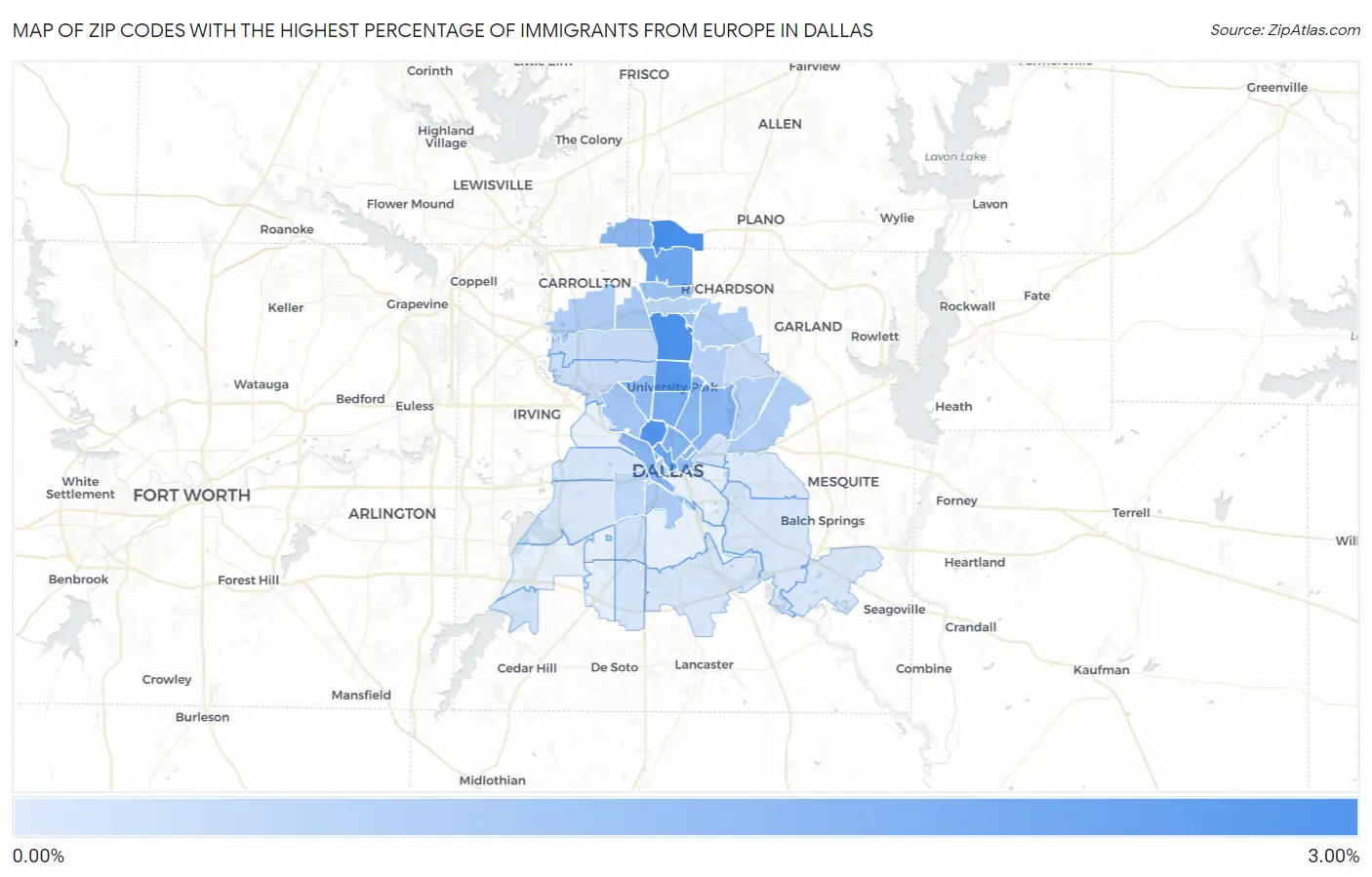 Zip Codes with the Highest Percentage of Immigrants from Europe in Dallas Map