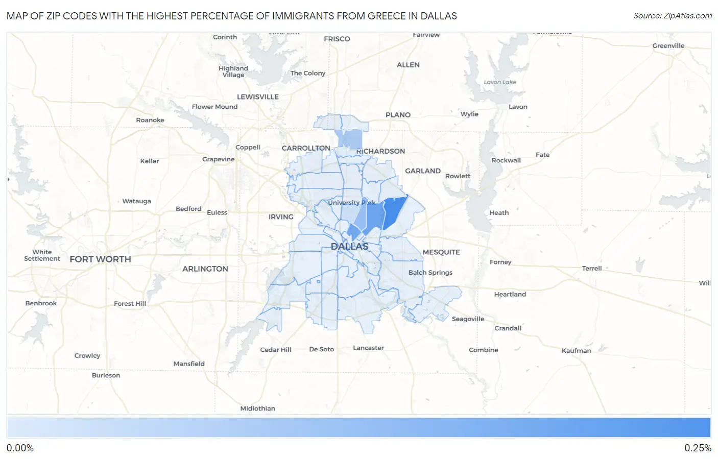 Zip Codes with the Highest Percentage of Immigrants from Greece in Dallas Map