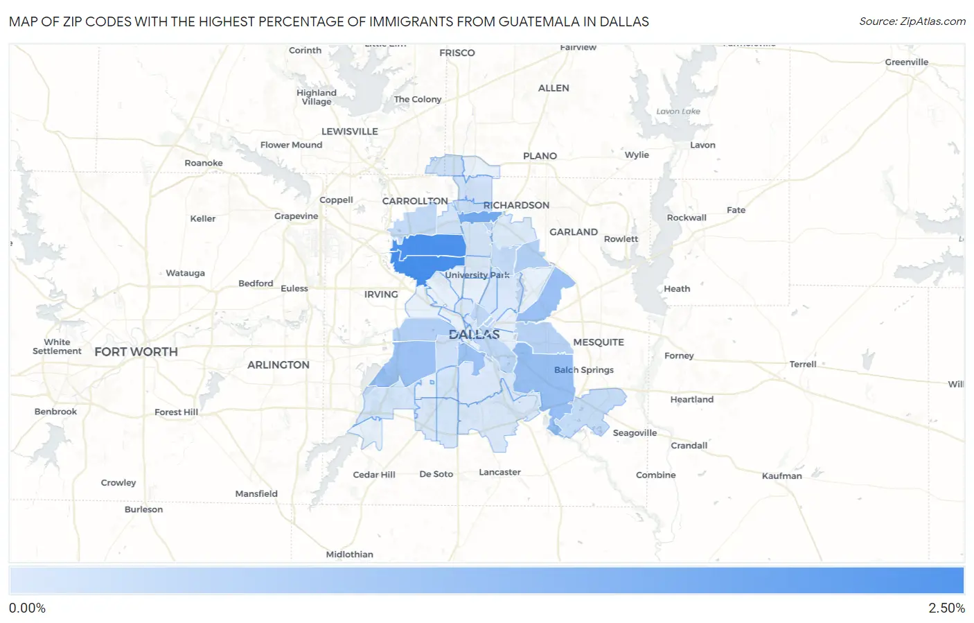 Zip Codes with the Highest Percentage of Immigrants from Guatemala in Dallas Map