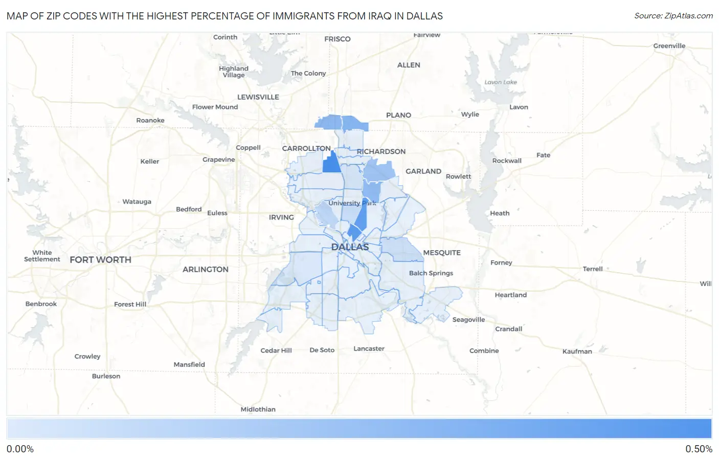Zip Codes with the Highest Percentage of Immigrants from Iraq in Dallas Map