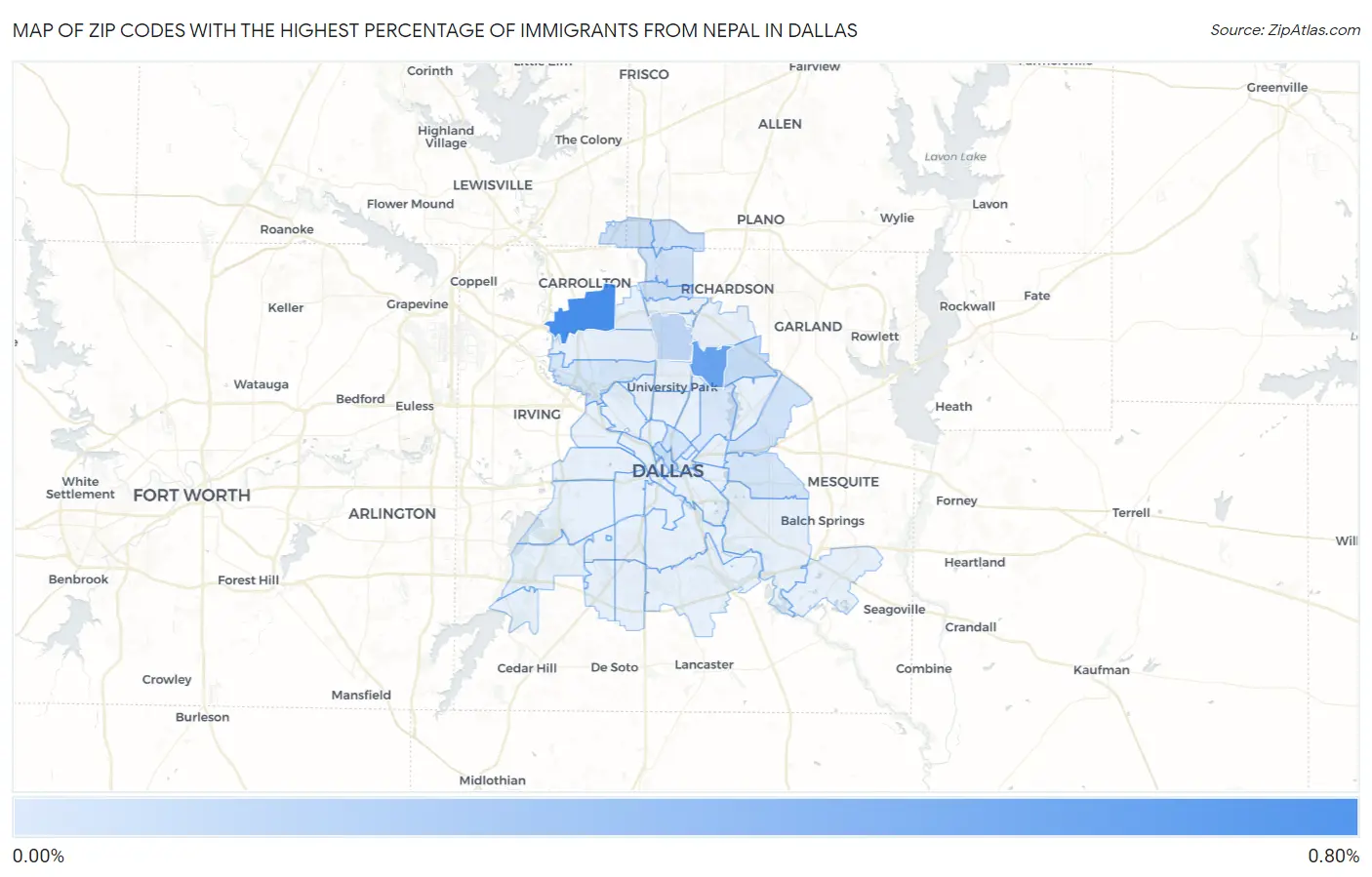Zip Codes with the Highest Percentage of Immigrants from Nepal in Dallas Map
