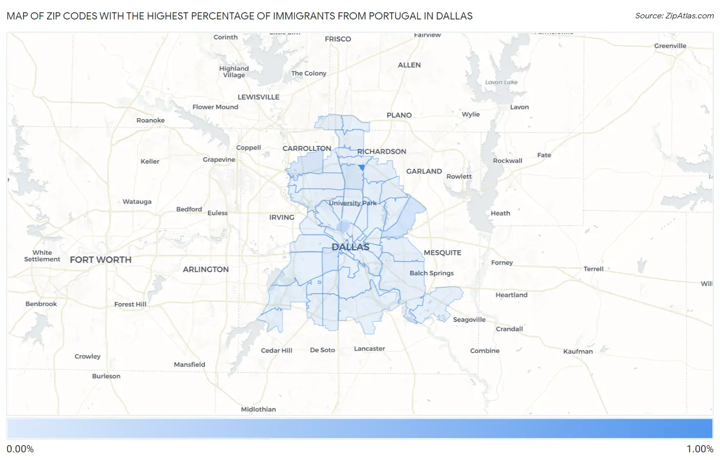 Zip Codes with the Highest Percentage of Immigrants from Portugal in Dallas Map