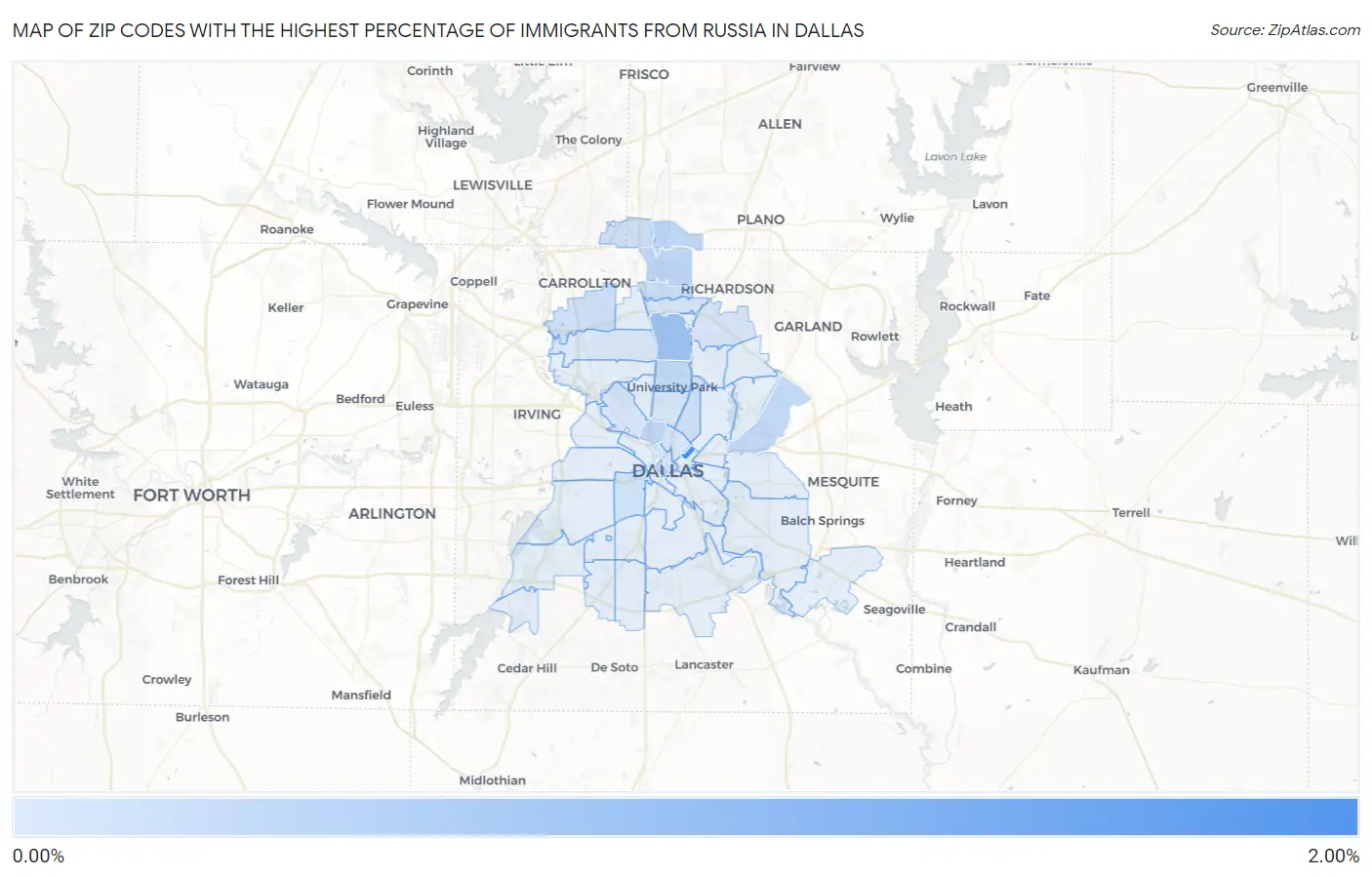 Zip Codes with the Highest Percentage of Immigrants from Russia in Dallas Map