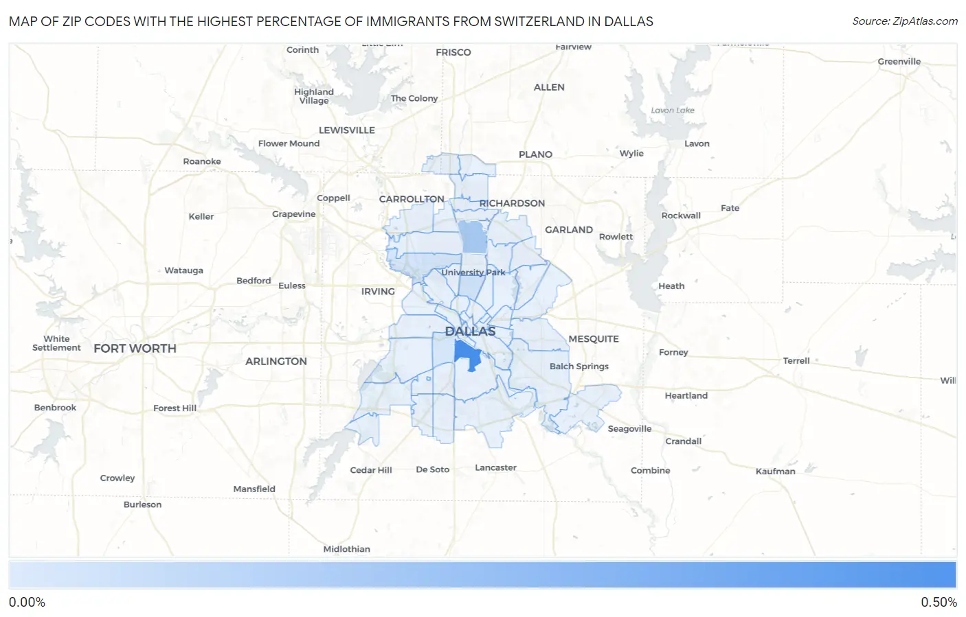 Zip Codes with the Highest Percentage of Immigrants from Switzerland in Dallas Map