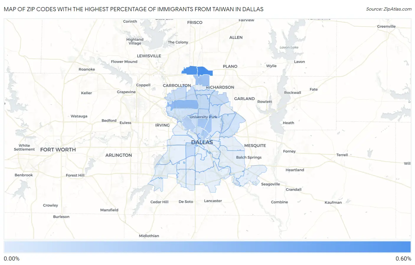Zip Codes with the Highest Percentage of Immigrants from Taiwan in Dallas Map