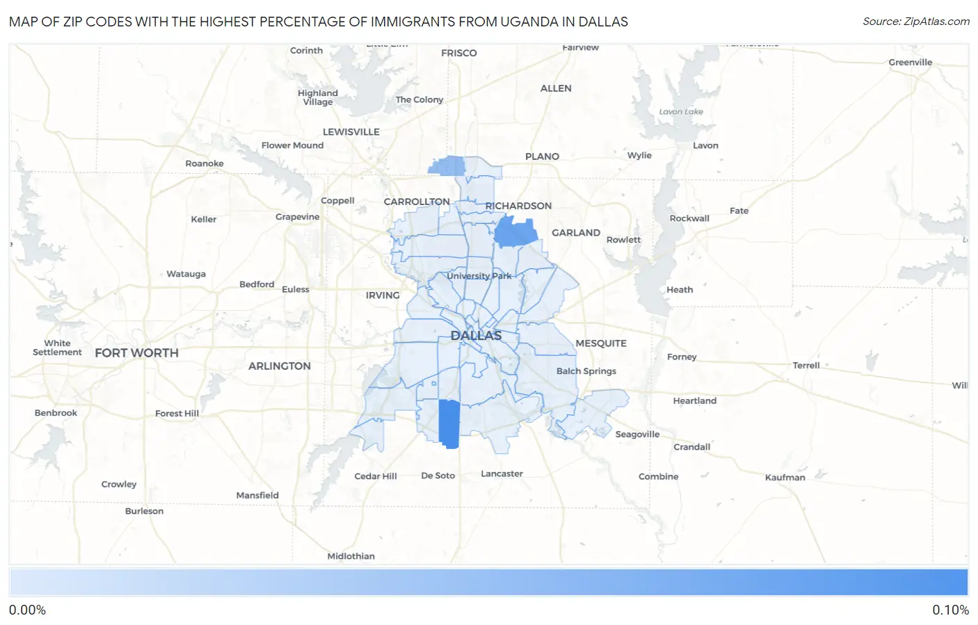 Zip Codes with the Highest Percentage of Immigrants from Uganda in Dallas Map