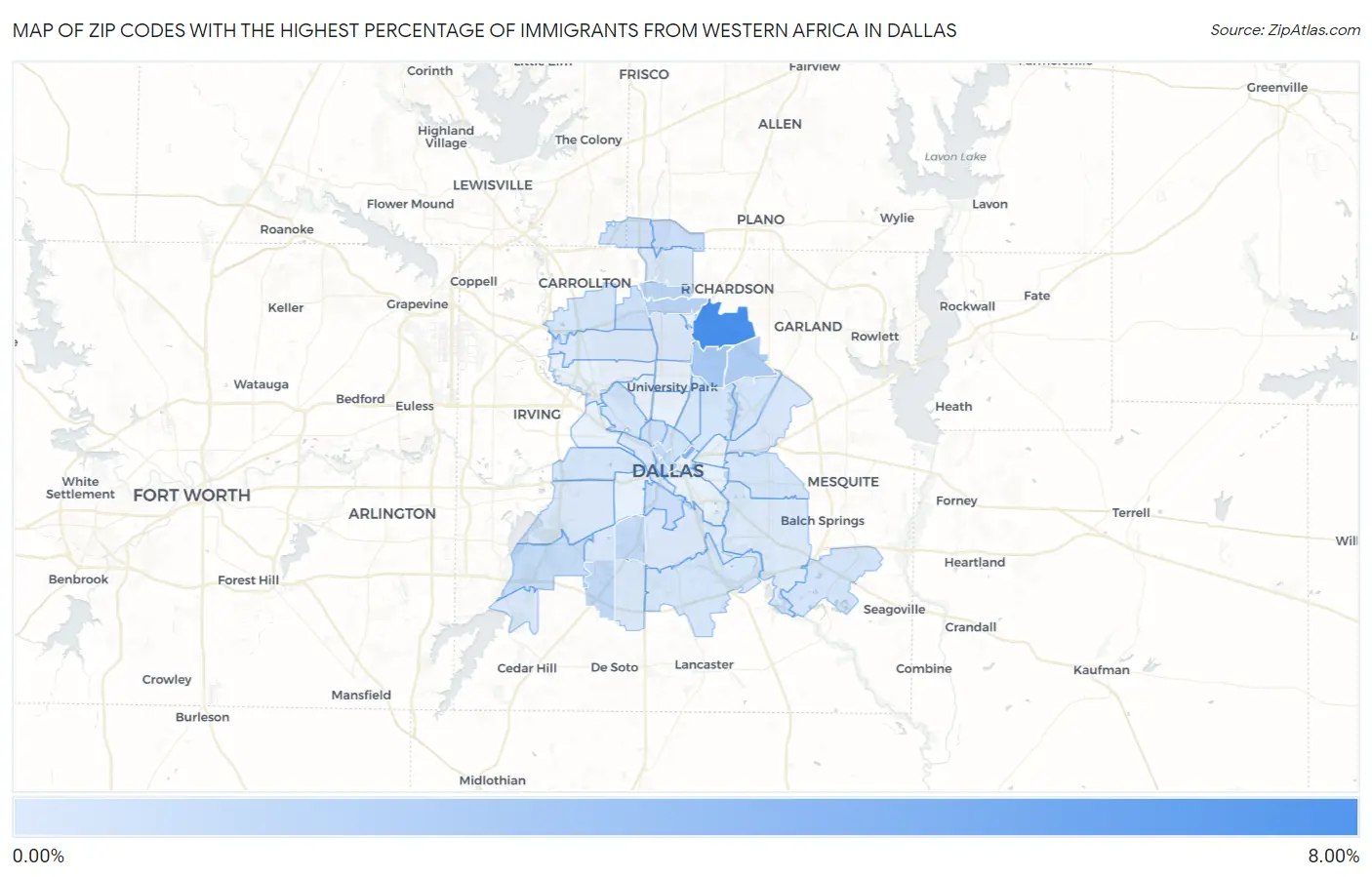 Zip Codes with the Highest Percentage of Immigrants from Western Africa in Dallas Map