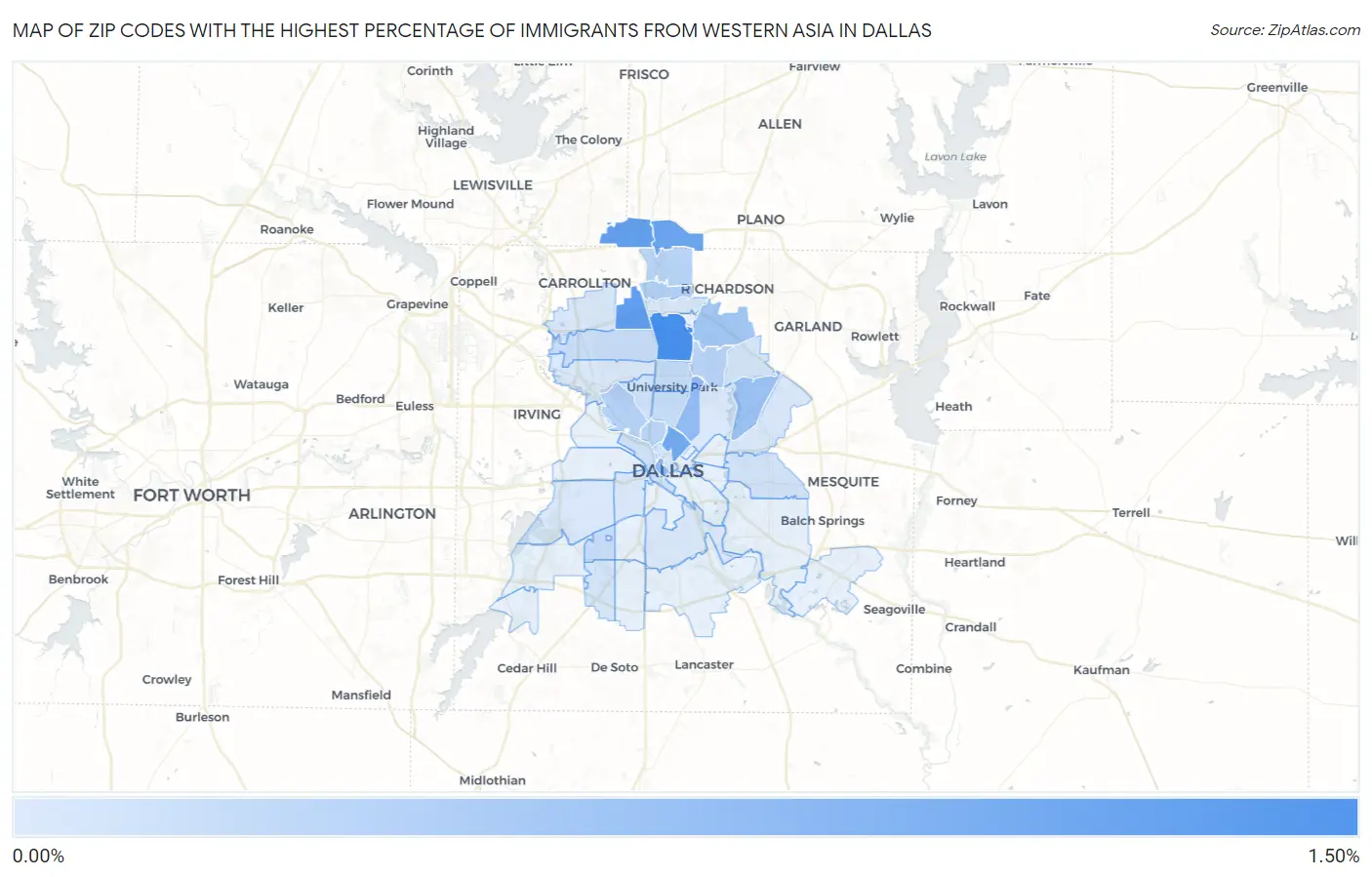 Zip Codes with the Highest Percentage of Immigrants from Western Asia in Dallas Map