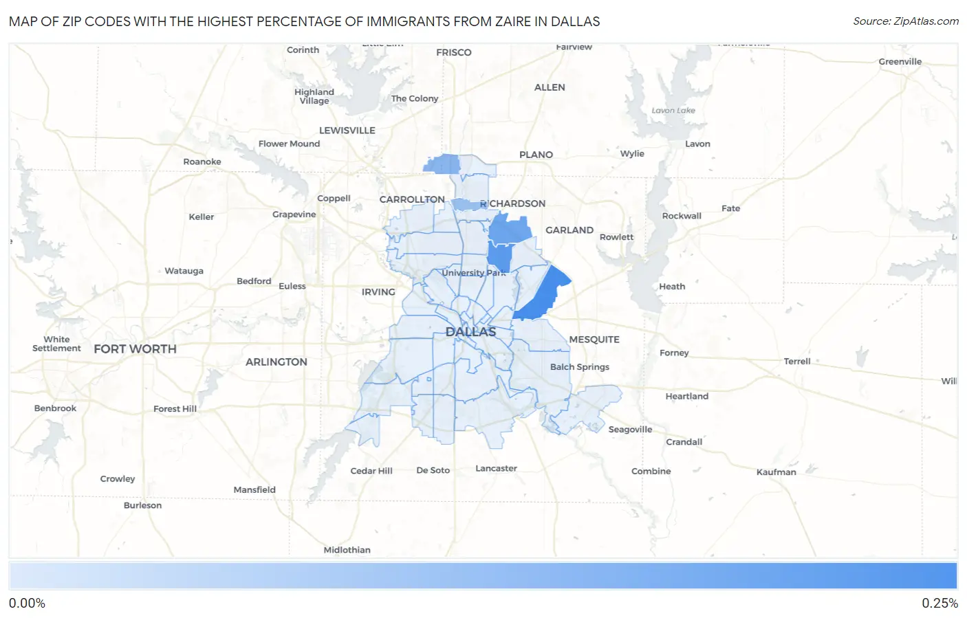 Zip Codes with the Highest Percentage of Immigrants from Zaire in Dallas Map