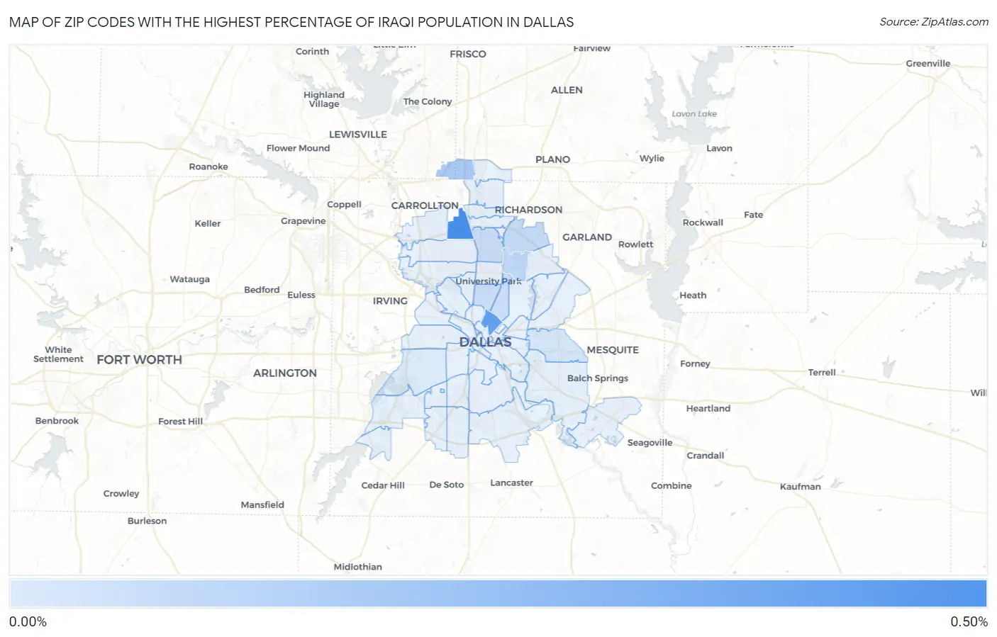 Zip Codes with the Highest Percentage of Iraqi Population in Dallas Map
