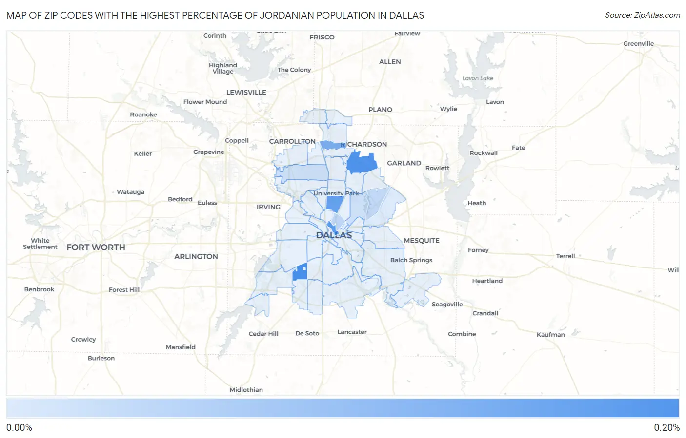 Zip Codes with the Highest Percentage of Jordanian Population in Dallas Map