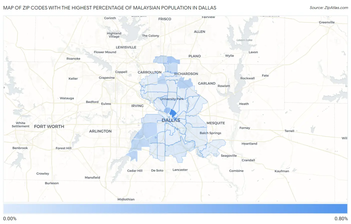 Zip Codes with the Highest Percentage of Malaysian Population in Dallas Map