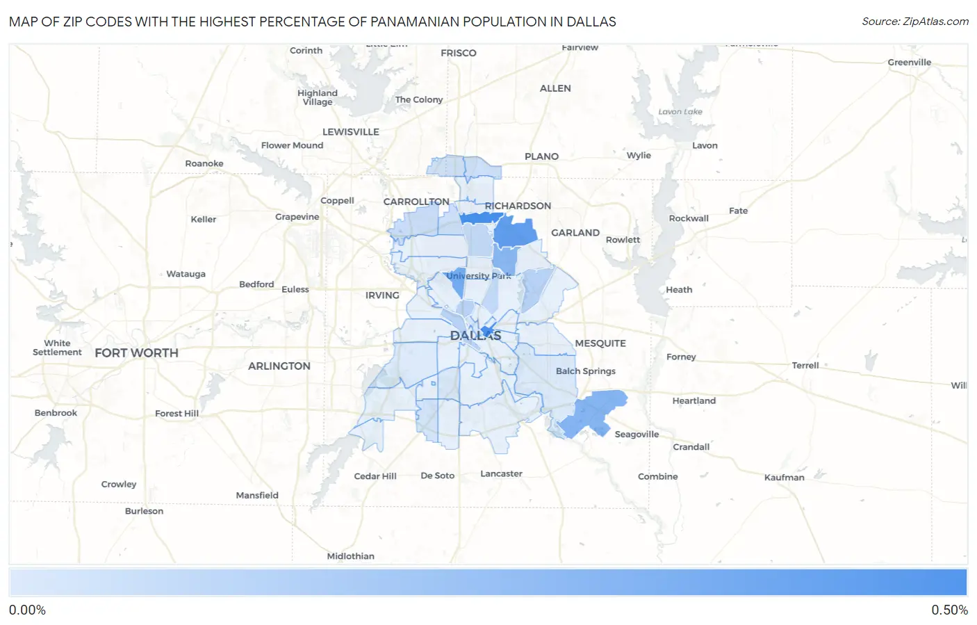 Zip Codes with the Highest Percentage of Panamanian Population in Dallas Map