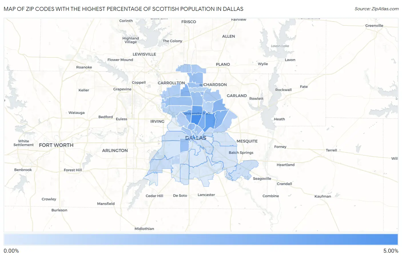 Zip Codes with the Highest Percentage of Scottish Population in Dallas Map