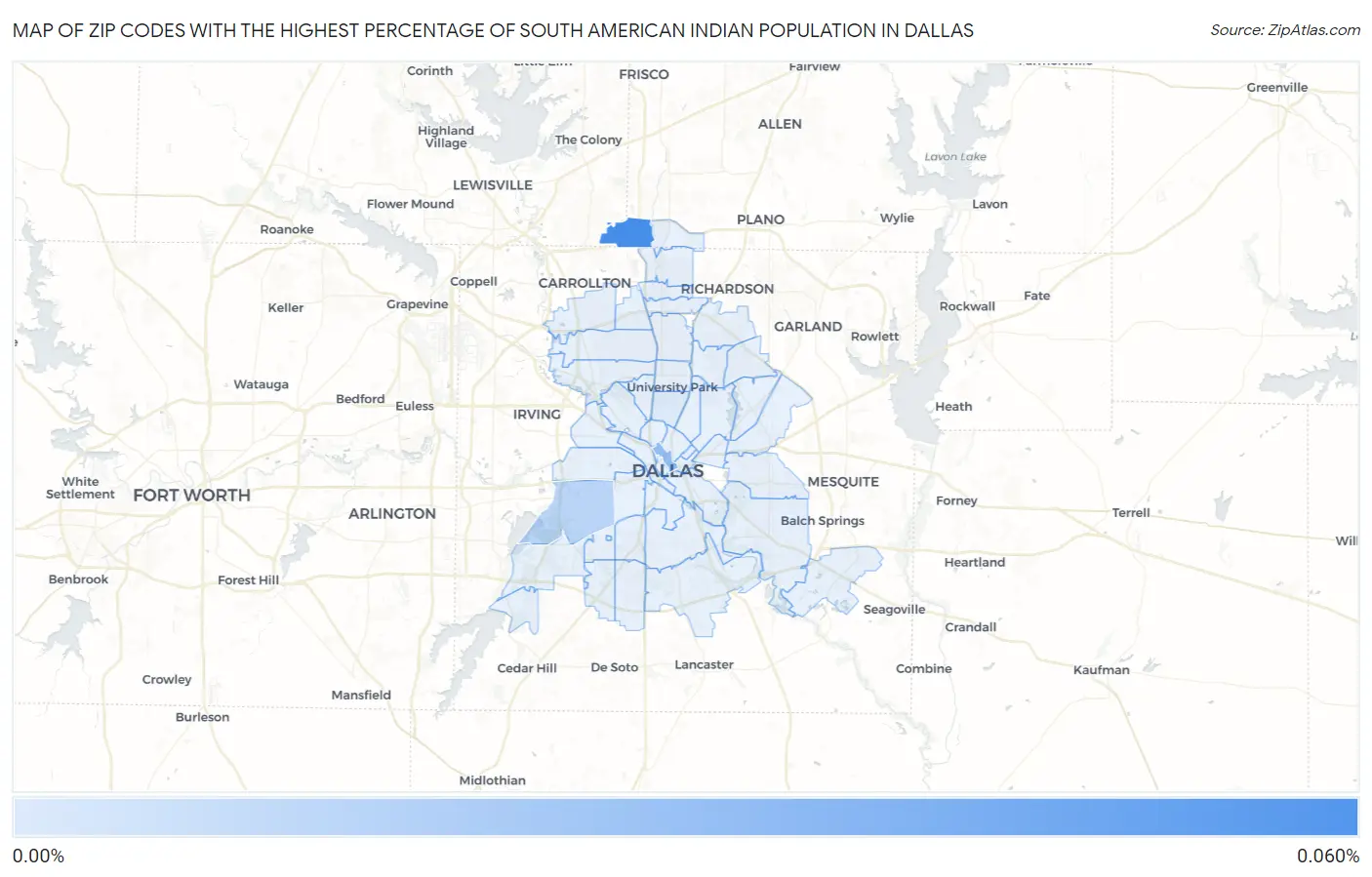 Zip Codes with the Highest Percentage of South American Indian Population in Dallas Map