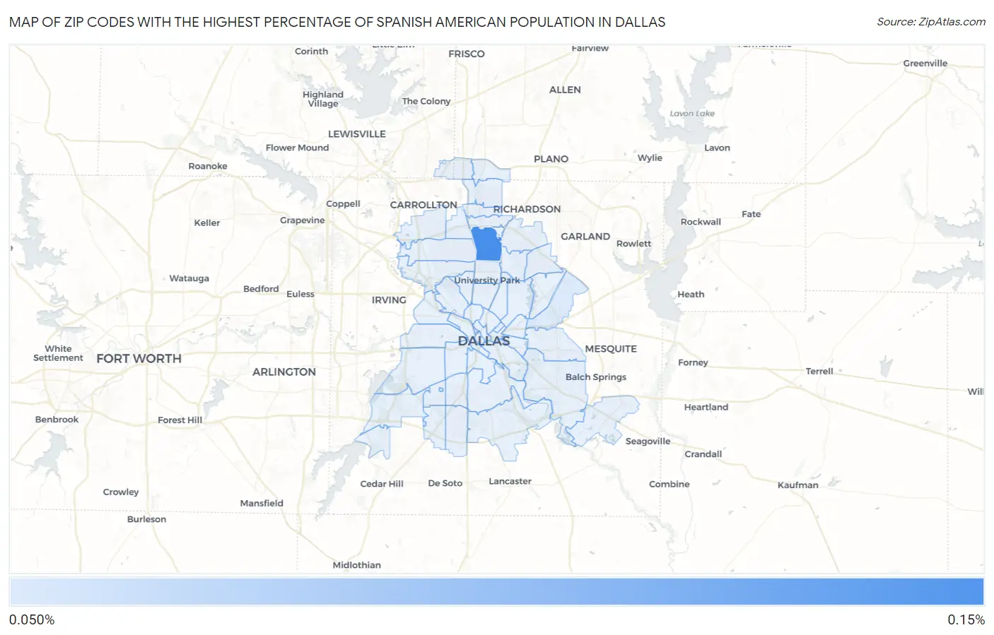 Zip Codes with the Highest Percentage of Spanish American Population in Dallas Map
