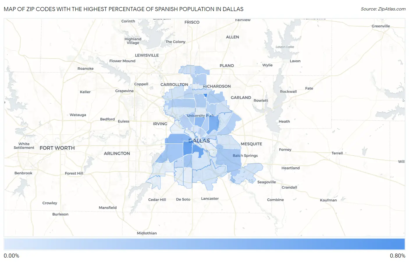 Zip Codes with the Highest Percentage of Spanish Population in Dallas Map