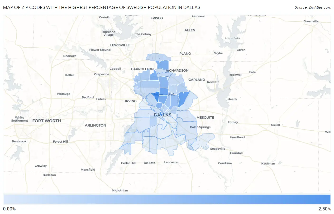 Zip Codes with the Highest Percentage of Swedish Population in Dallas Map