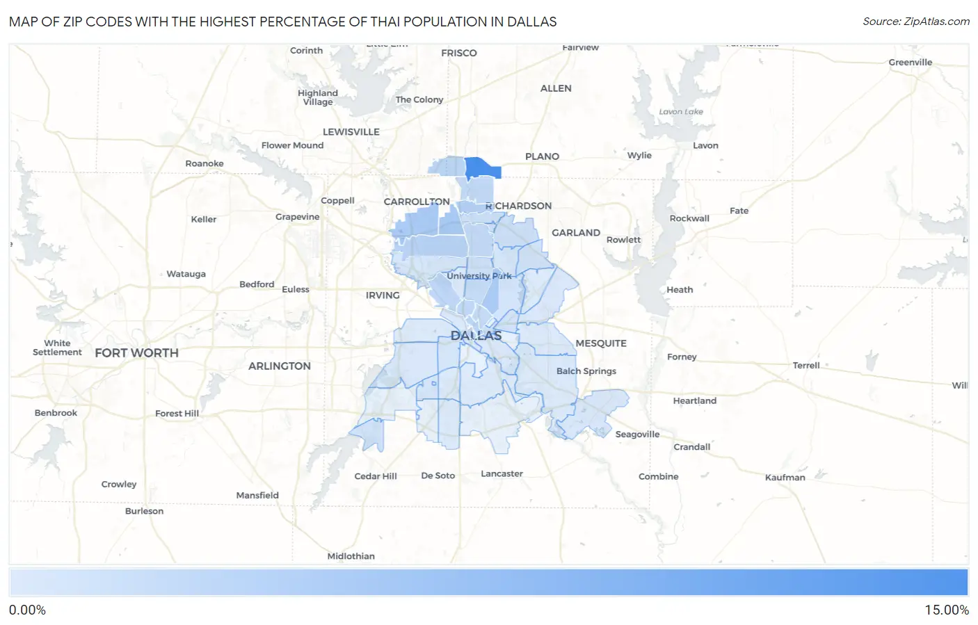 Zip Codes with the Highest Percentage of Thai Population in Dallas Map