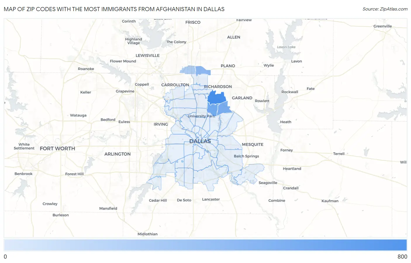 Zip Codes with the Most Immigrants from Afghanistan in Dallas Map