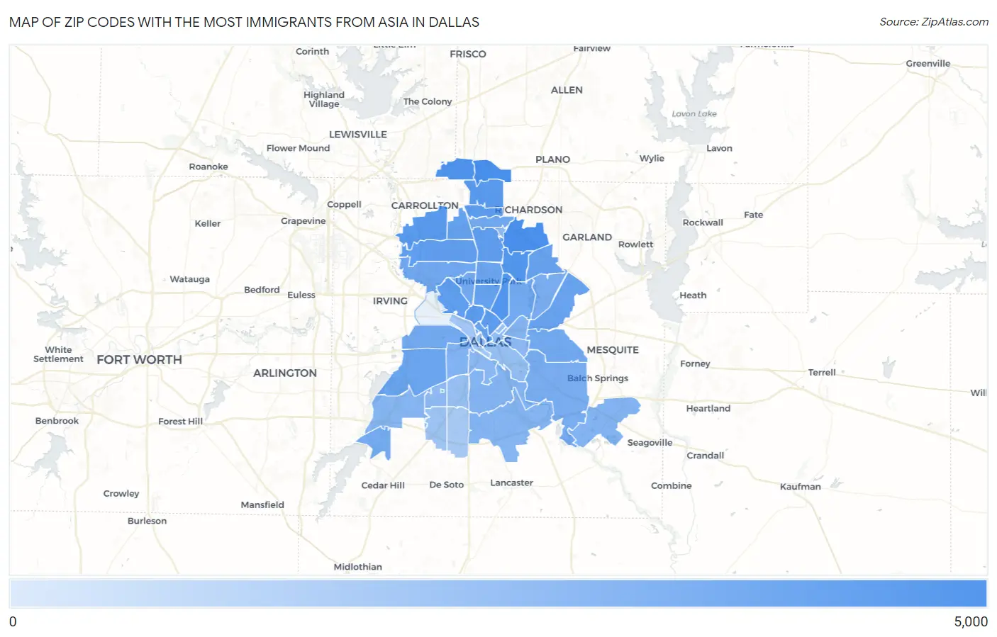 Zip Codes with the Most Immigrants from Asia in Dallas Map