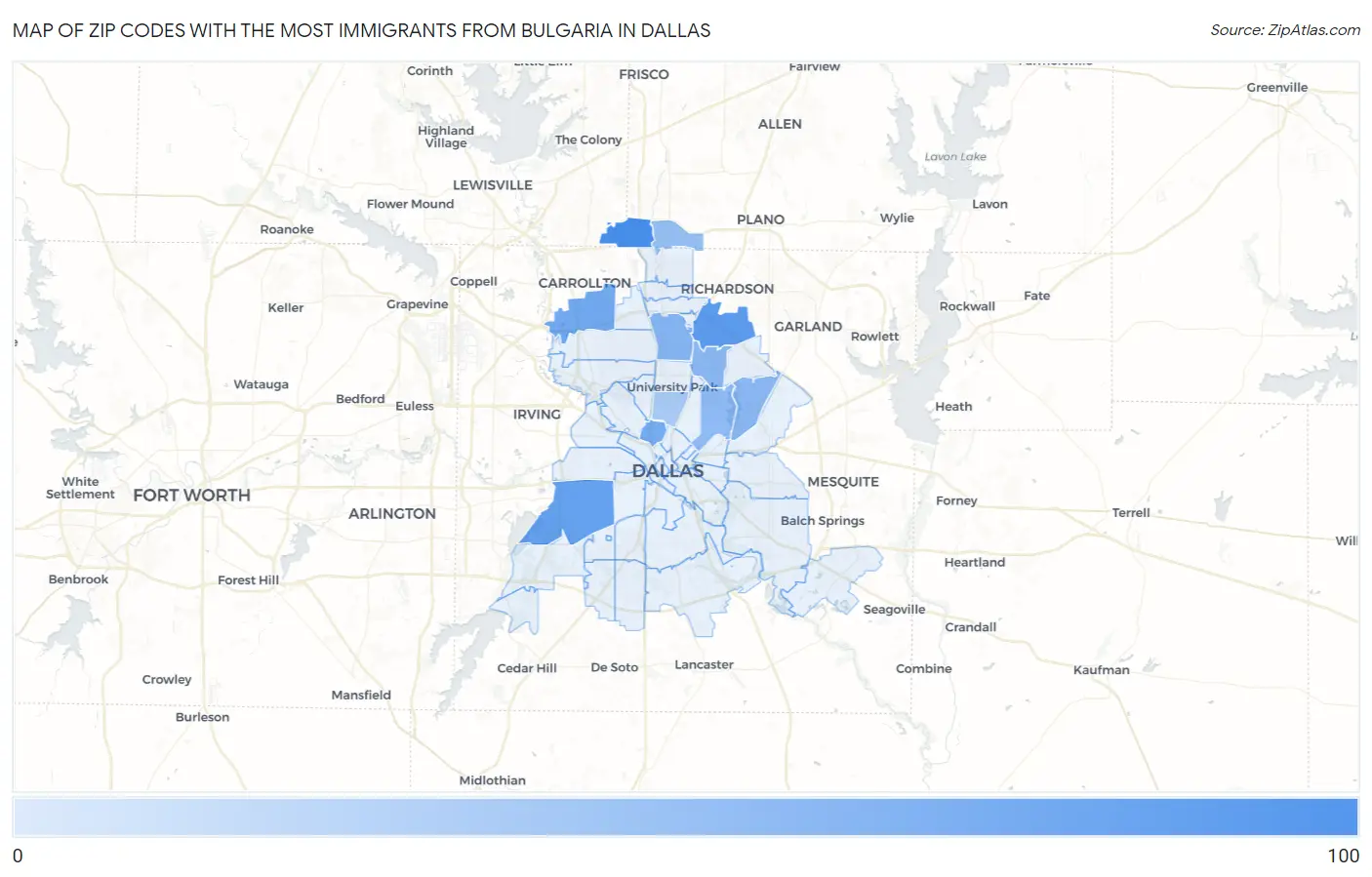 Zip Codes with the Most Immigrants from Bulgaria in Dallas Map
