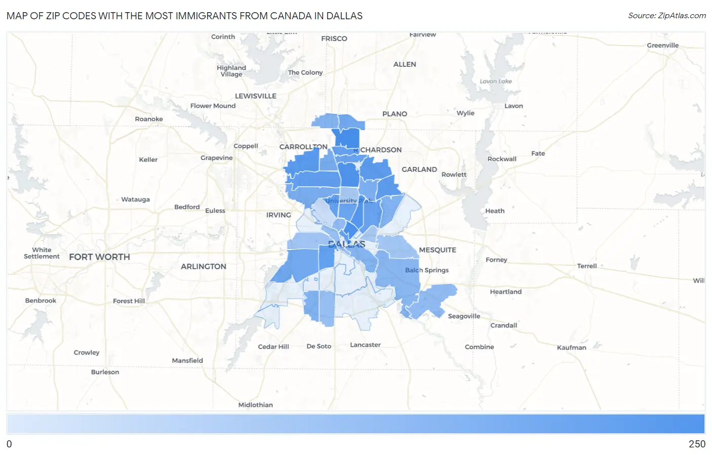 Zip Codes with the Most Immigrants from Canada in Dallas Map