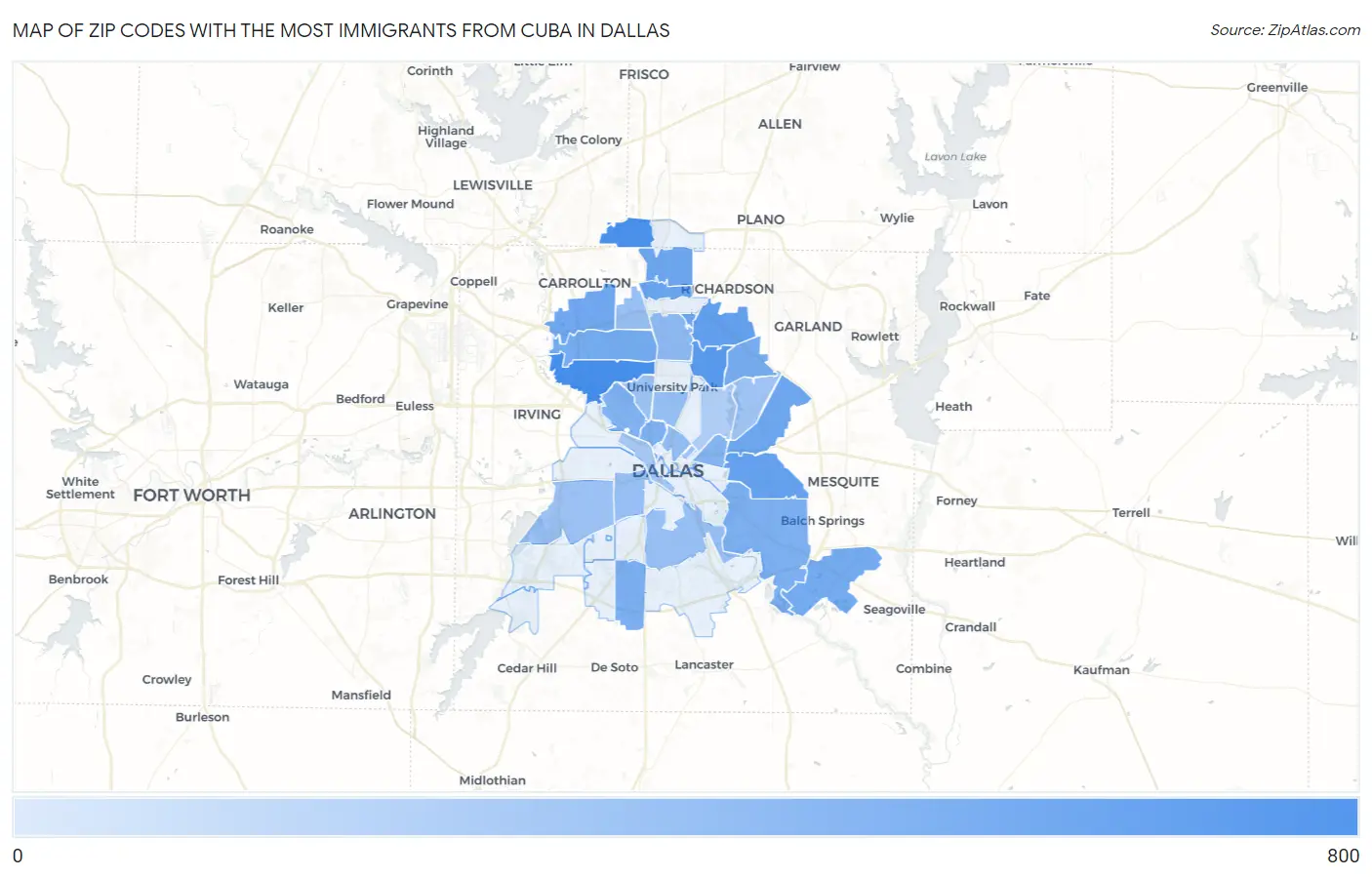 Zip Codes with the Most Immigrants from Cuba in Dallas Map