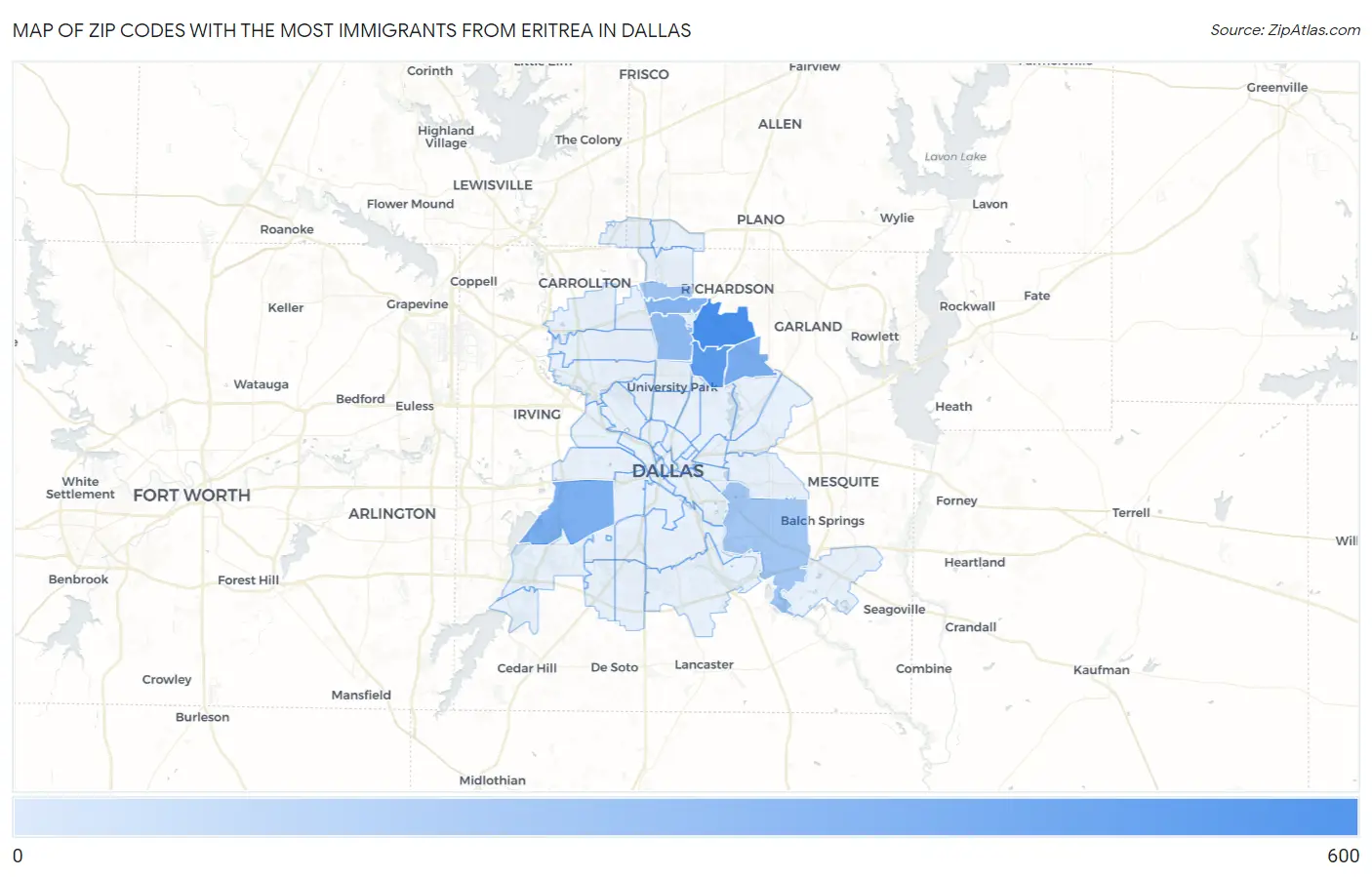 Zip Codes with the Most Immigrants from Eritrea in Dallas Map