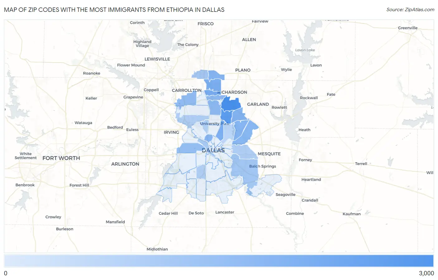 Zip Codes with the Most Immigrants from Ethiopia in Dallas Map