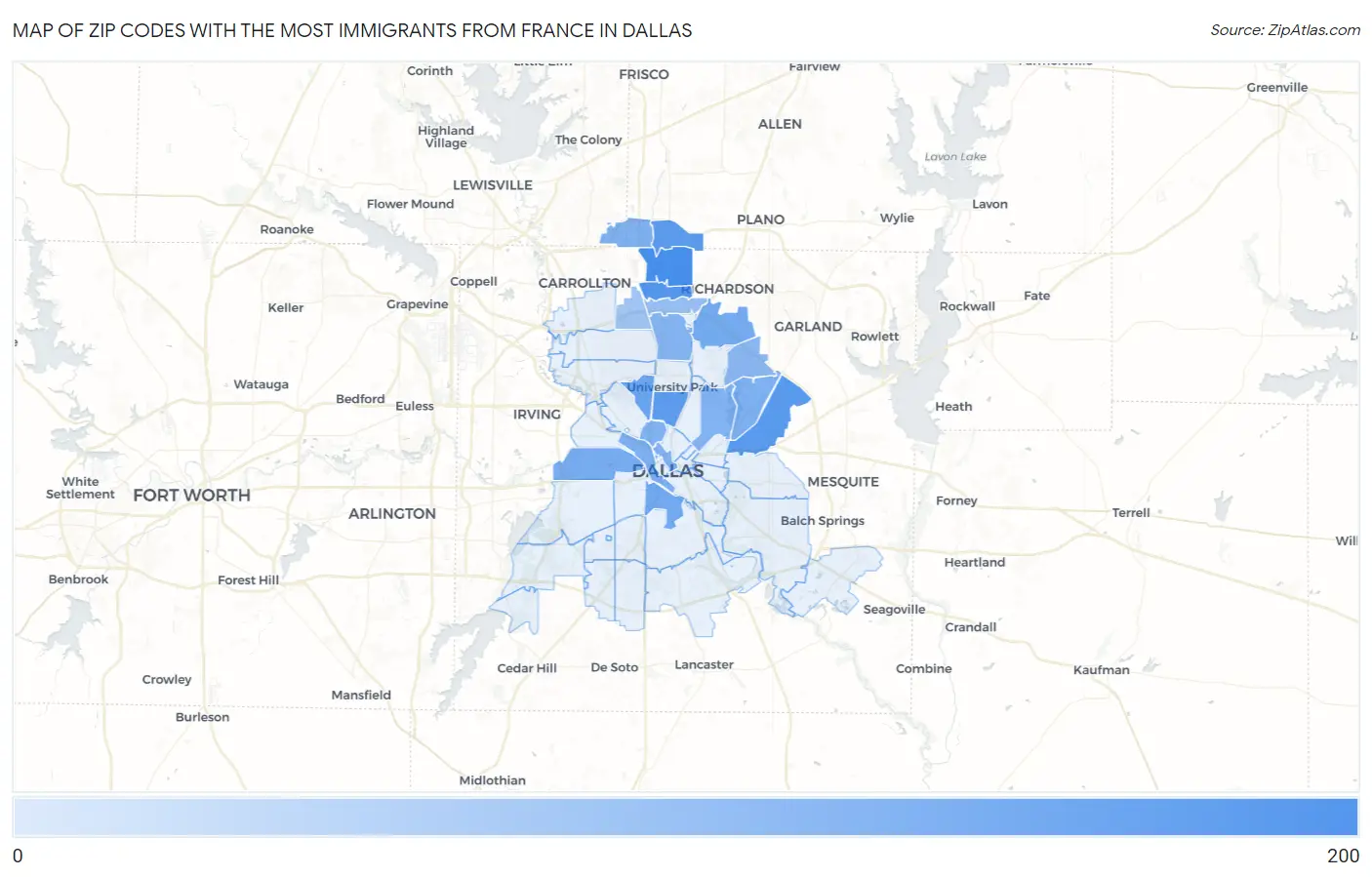 Zip Codes with the Most Immigrants from France in Dallas Map
