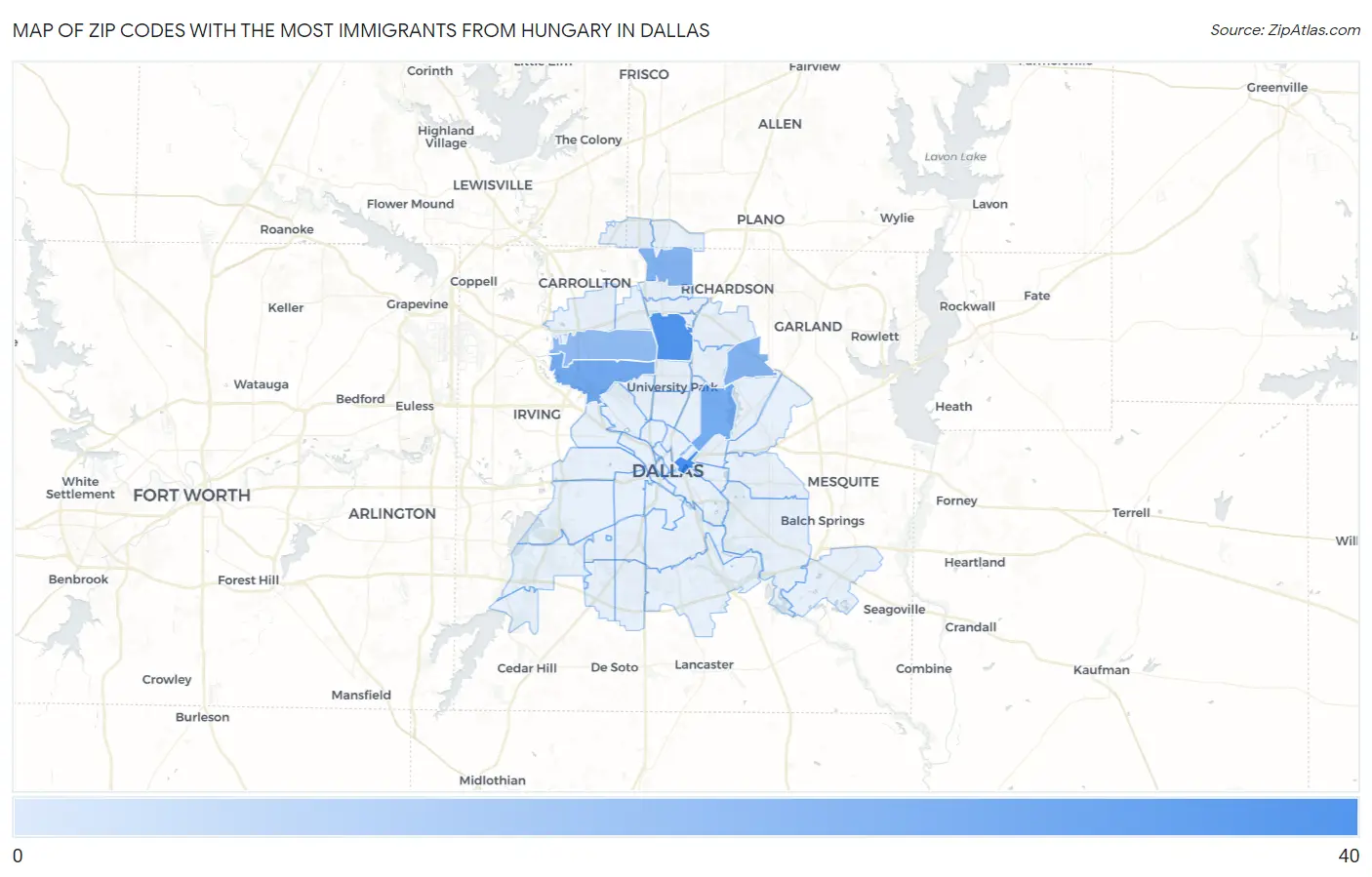 Zip Codes with the Most Immigrants from Hungary in Dallas Map