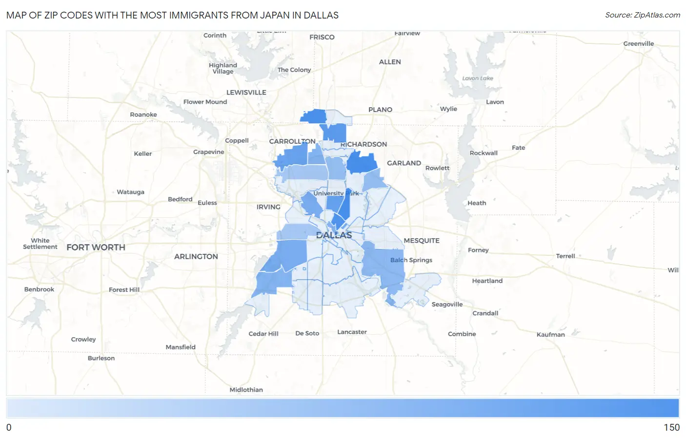 Zip Codes with the Most Immigrants from Japan in Dallas Map