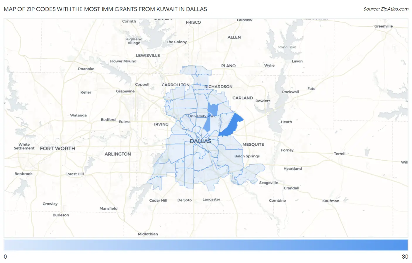 Zip Codes with the Most Immigrants from Kuwait in Dallas Map