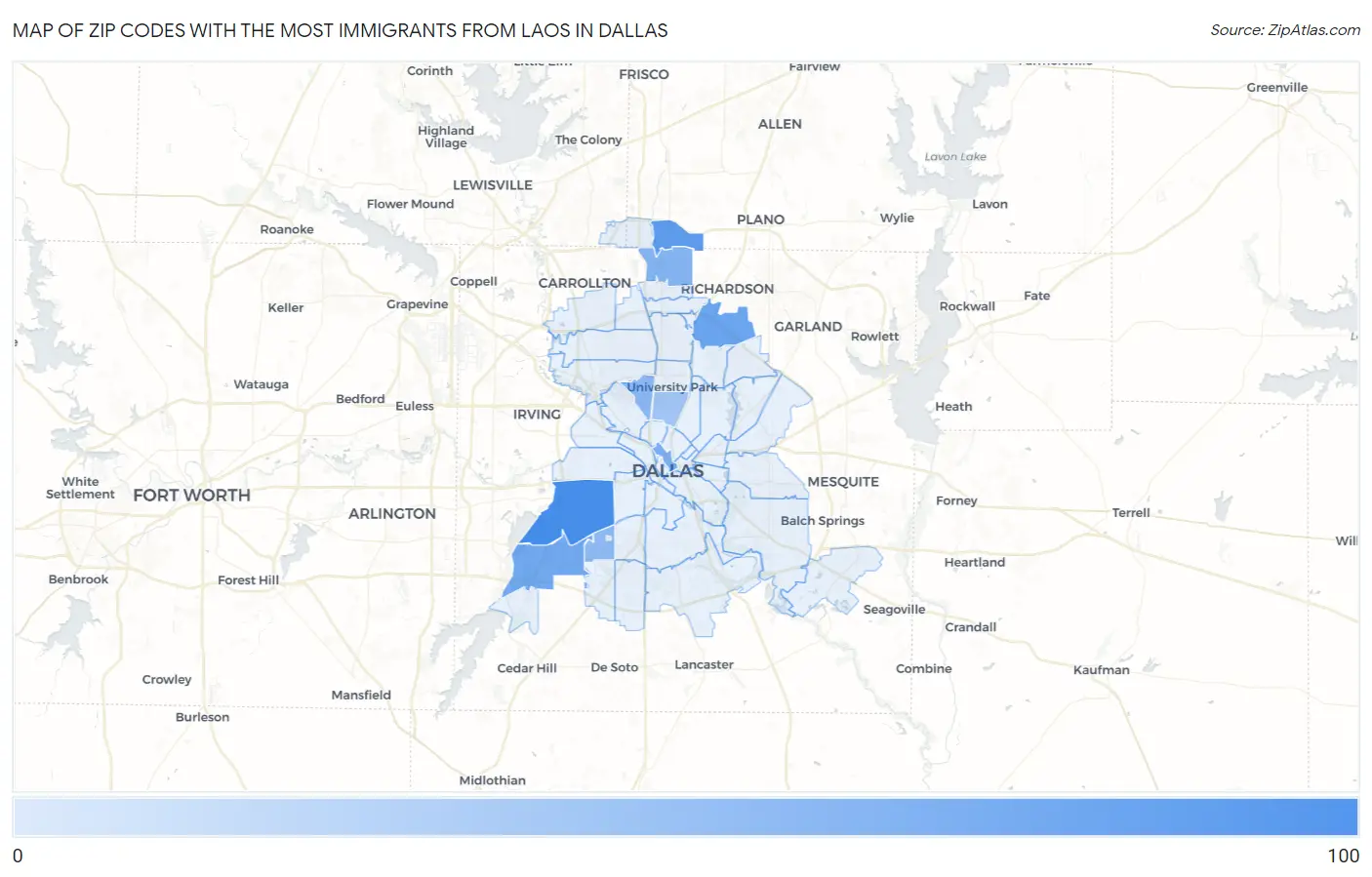 Zip Codes with the Most Immigrants from Laos in Dallas Map
